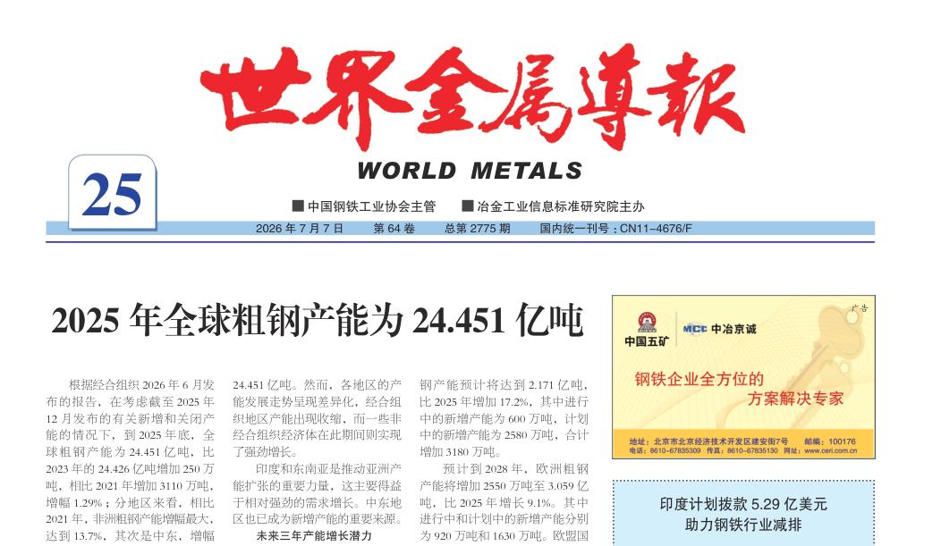 2025年全球粗钢产能为24.451亿吨